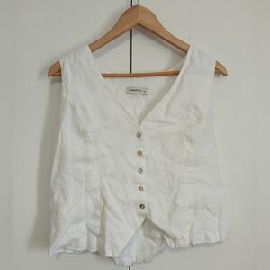 Amazhiyu 100% Linen White Waistcoat Vest XL Cinch Back Shell Buttons